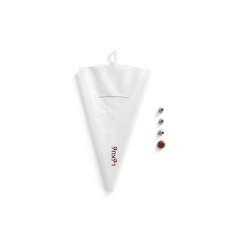 Lekue Reusable Piping Bag Set with 3 Tips, Silicone and Stainless Steel, White