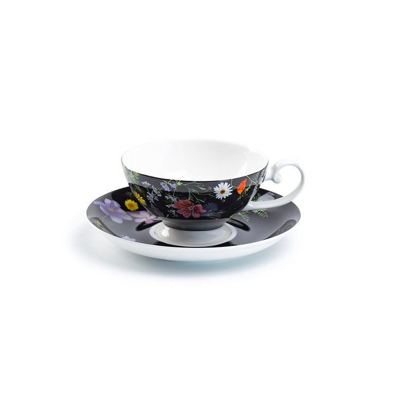 Summer Meadow Black Bone China Cup and Saucer
