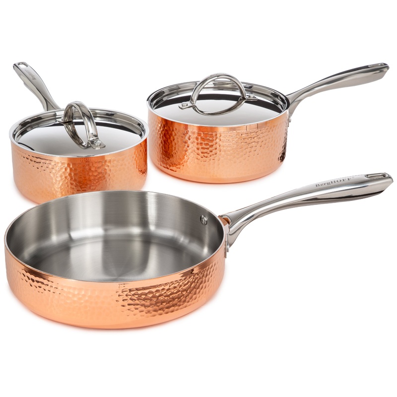 BergHOFF Vintage 5pc Tri-Ply Copper Saucepan & Deep Skillet Cookware Set,  SS Lids, Hammered