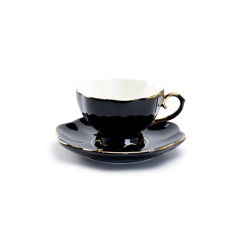 Black Gold Scallop Fine Porcelain Tea Cup and Saucer