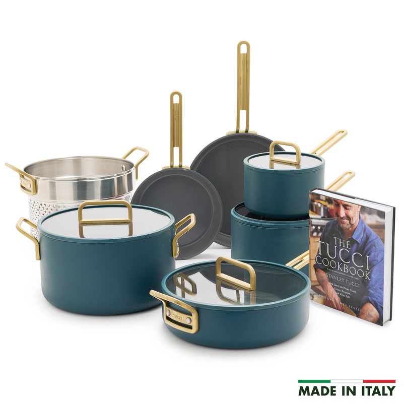 Stanley Tucci Ceramic Nonstick 11-Piece Cookware Set with the Tucci Cookbook | Venetian Teal
