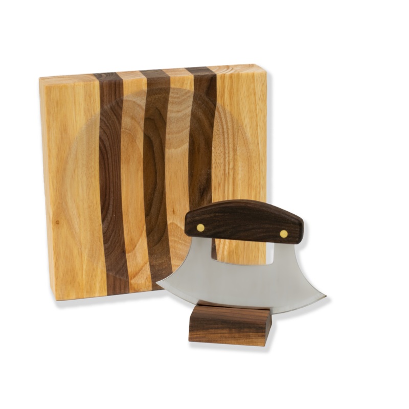 Walnut Ulu Knife with Stand and/or Bowl – Mezzaluna – by The Ulu Factory in Alaska