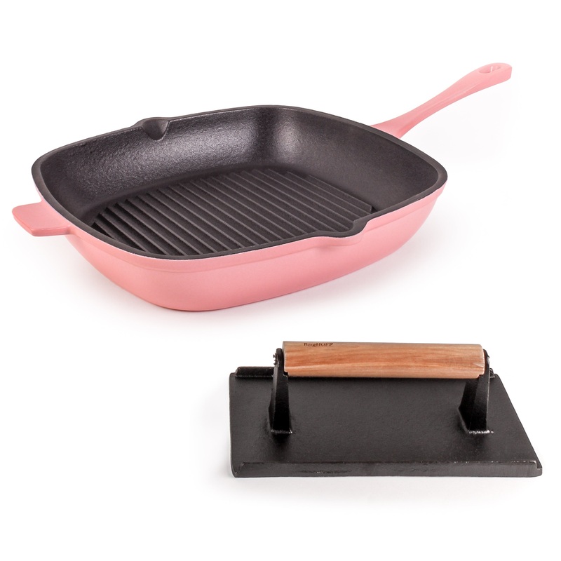 BergHOFF Neo 2pc Cast Iron 11″ Grill Pan with Steak Press, Pink