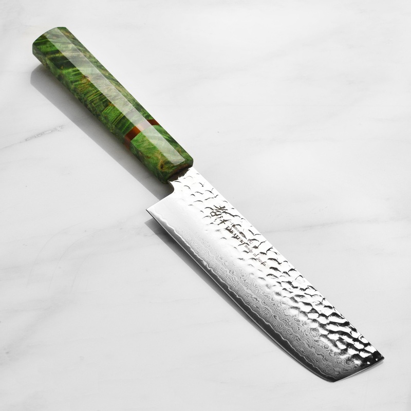 Takayuki Tsuchime Damascus 6.7″ Nakiri, Green Stabilized Handle