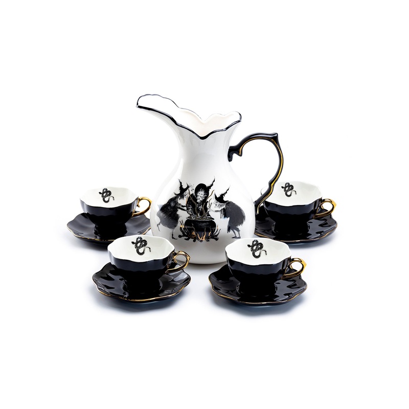 Witches Brew Pitcher + 4 Snake Tea Cup and Saucer Sets