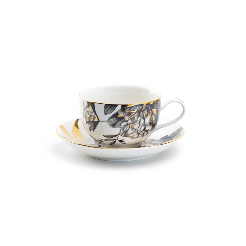 Black Gold Peony Fine Porcelain Tea Cup and Saucer