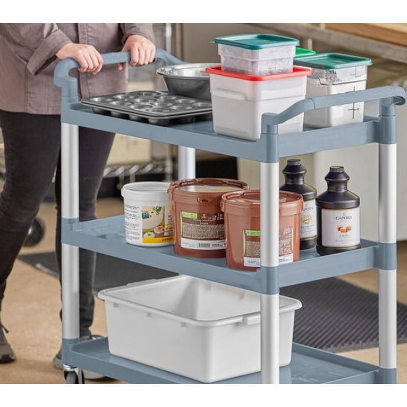 3-Tier Plastic Utility Bus Cart with (2) 4″ Locking Casters and (2) 4″ Regular Casters – Utility Push Cart for Foodservice Restaurant Cleaning Workplace