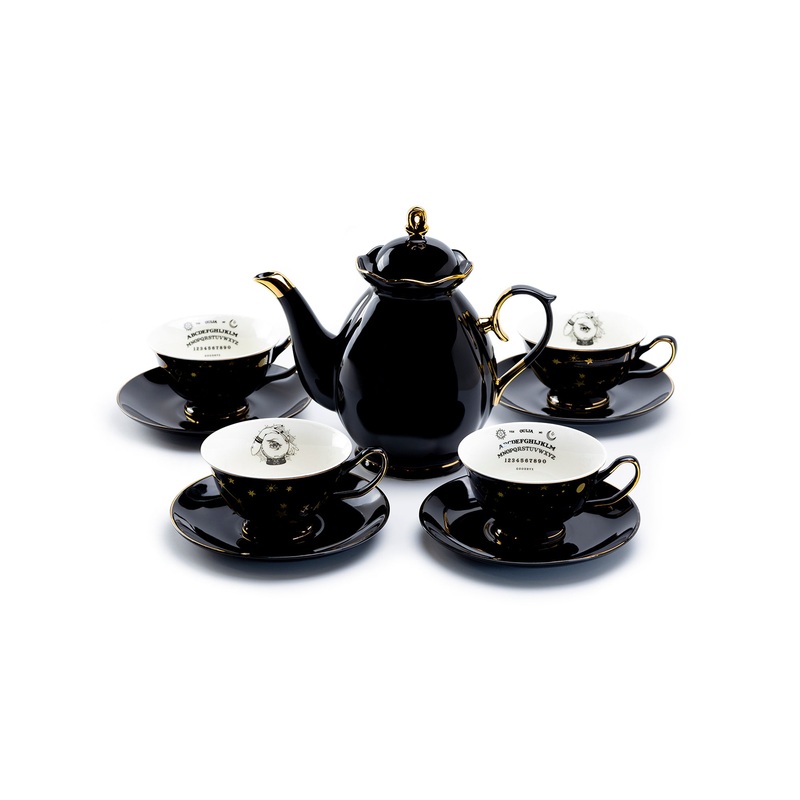 Black Gold Scallop Teapot + 4 Assorted Halloween Tea Cup and Saucer Sets – Ouija & Witchy Crystal Ball