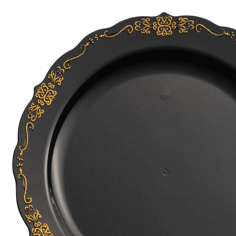 Black with Gold Vintage Rim Round Disposable Plastic Dinner Plates (10″)