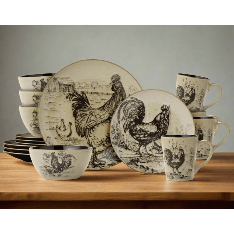 Homespun Rooster 16 Piece Dinnerware Set, Service for 4