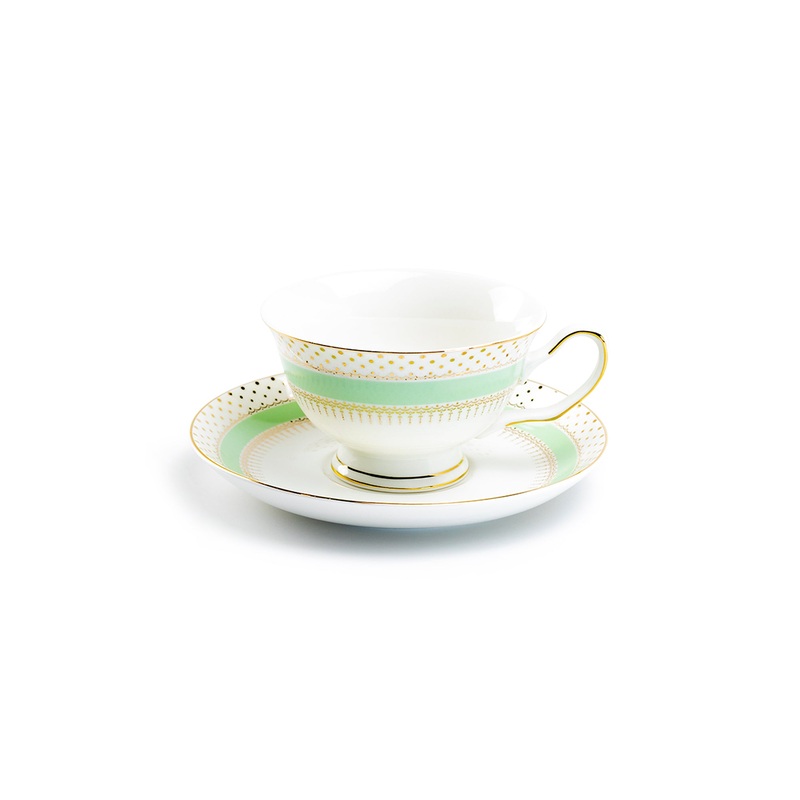 Mint Green Stripe with Gold Dots Fine Porcelain Tea Cup and Saucer