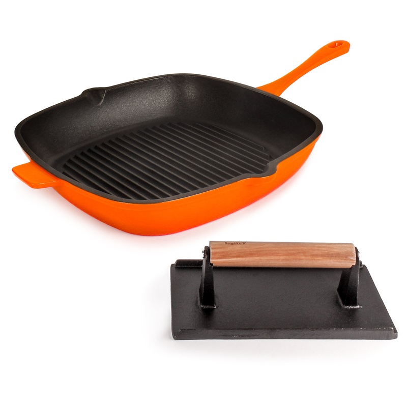 BergHOFF Neo 2pc Cast Iron 11″ Grill Pan with Steak Press, Orange