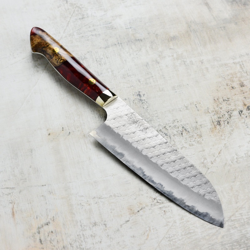 Nigara SG2 Migaki Tsuchime 7″ Santoku, Crimson Acrylic