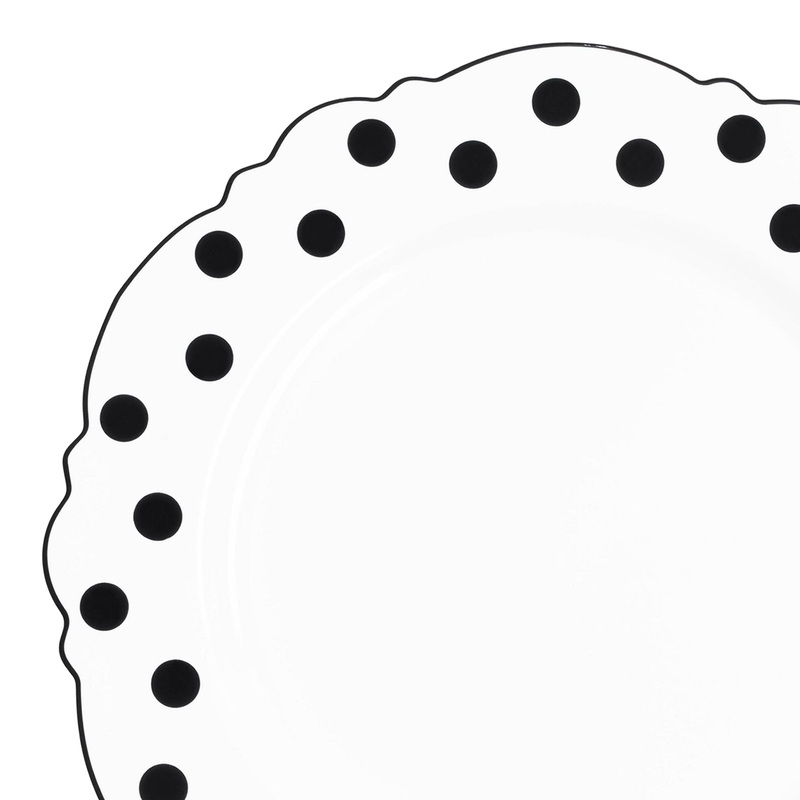 White with Black Dots Round Blossom Disposable Plastic Dinner Plates (10.25″)