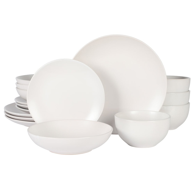 Gibson Home Queenslane 16 Piece Plates and Bowls Dishes Stoneware Ceramic Dinnerware Sets – Matte White