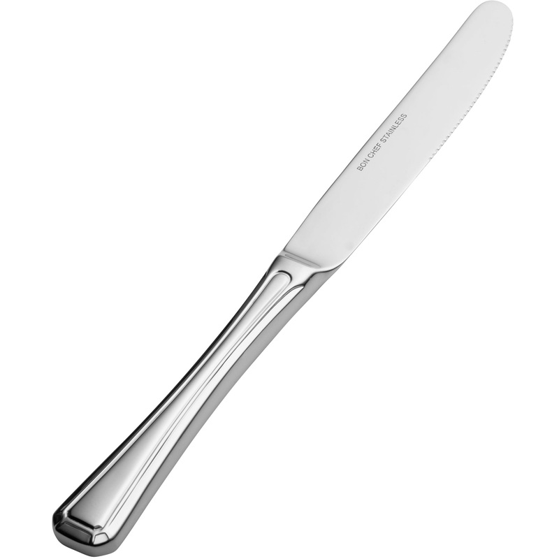 Bon Chef S512 Prism 9 5/8″ 13/0 Stainless Steel Extra Heavy European Size Solid Handle Dinner Knife – 12/Pack