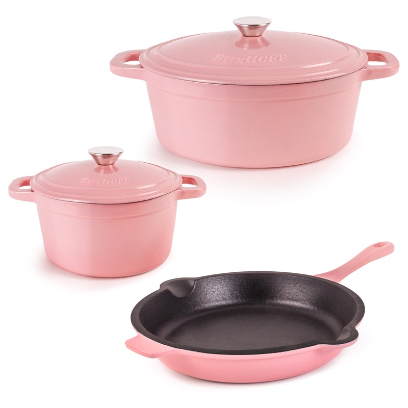 BergHOFF Neo 5pc Cast Iron Dutch Oven Set with 10″ Fry Pan, 3qt. & 5qt., Pink