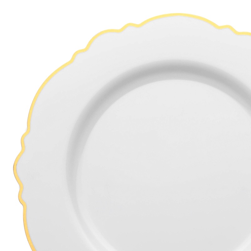 White with Gold Rim Round Blossom Disposable Plastic Dinner Plates (10.25″)