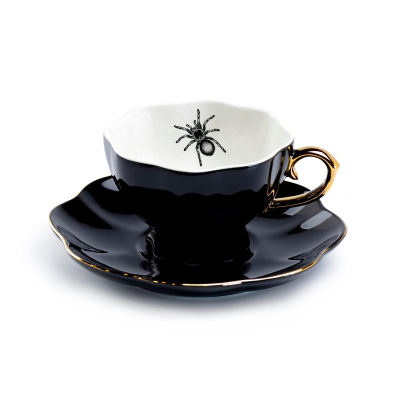 Spider Black Gold Tea Cup and Saucer