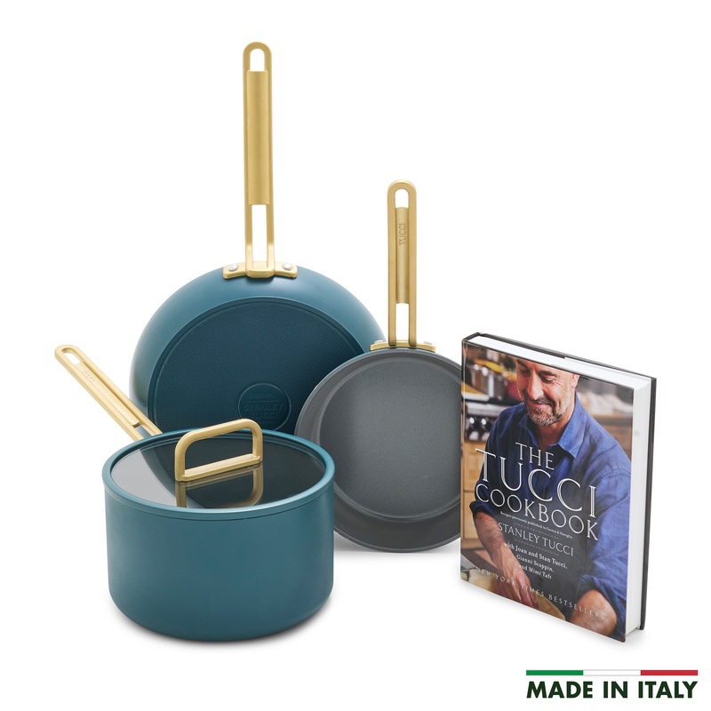Stanley Tucci Ceramic Nonstick 4-Piece Chef Set with The Tucci Cookbook | Venetian Teal