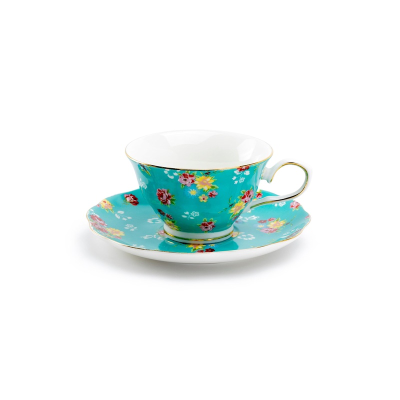 Turquoise Shabby Rose Fine Porcelain Tea Cup and Saucer