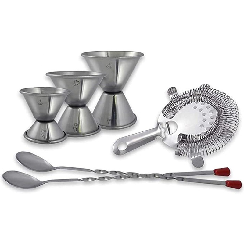6 Piece Stainless Steel Bar Accessory Set with Bartender Strainer Measuring Jigger Bar Mixing Spoon- Essential Bar Accessory Tools Bartender Kit for Home Bar Drink Mixing Mixology Kit