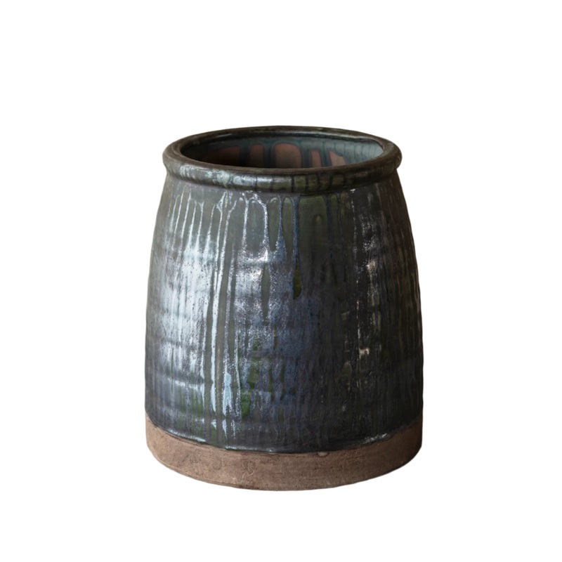 Aged Olive Dripped Glazed Pottery Butterchurn Vase, Small