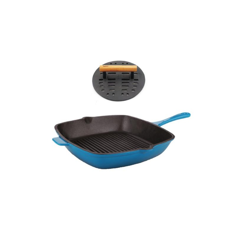BergHOFF Neo 2pc Cast Iron 11″ Grill Pan with Slotted Steak Press, Blue