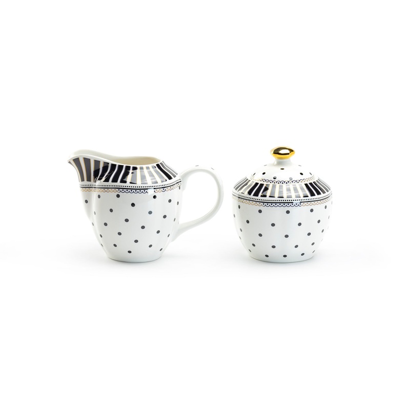 Black Josephine Stripes and Dots Fine Porcelain Sugar & Creamer Set