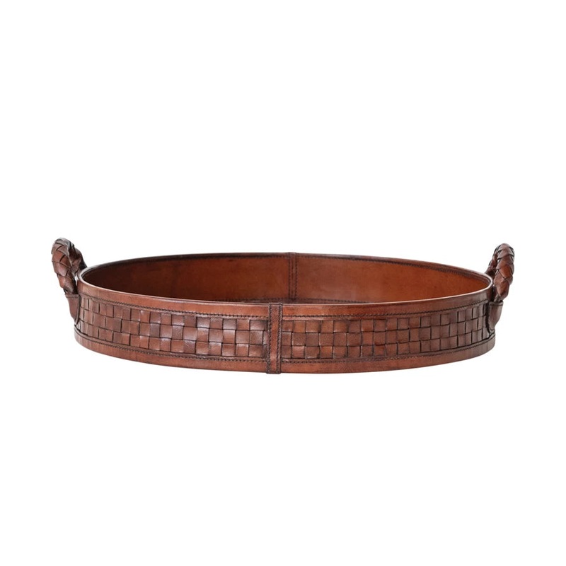 Round MDF & Woven Leather Tray w Braided Handles 16″