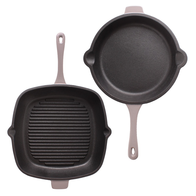 BergHOFF Neo 2pc Cast Iron 10″ Fry Pan & 11″ Grill Pan Cookware Set, Oyster