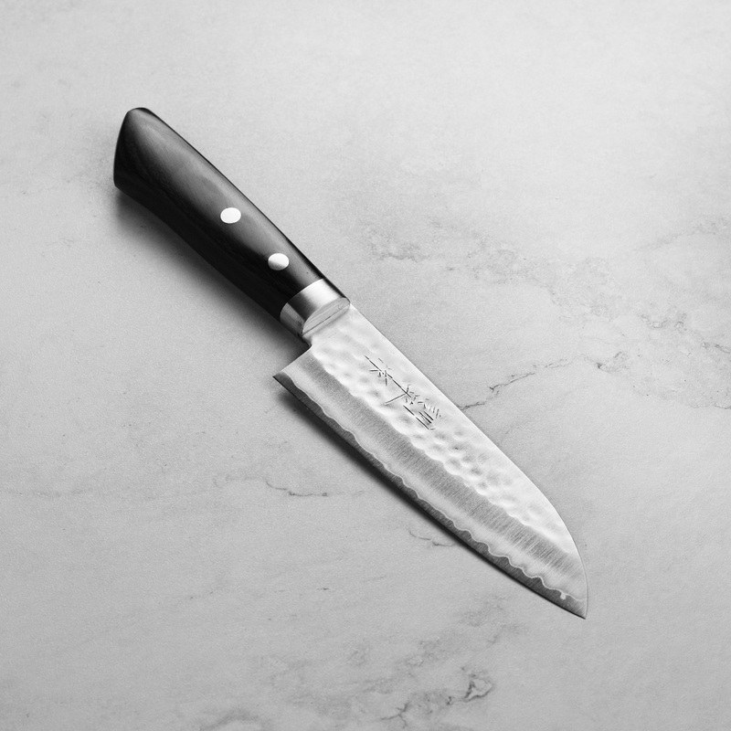 Masutani VG1 Hammered 5″ Santoku, Black Handle