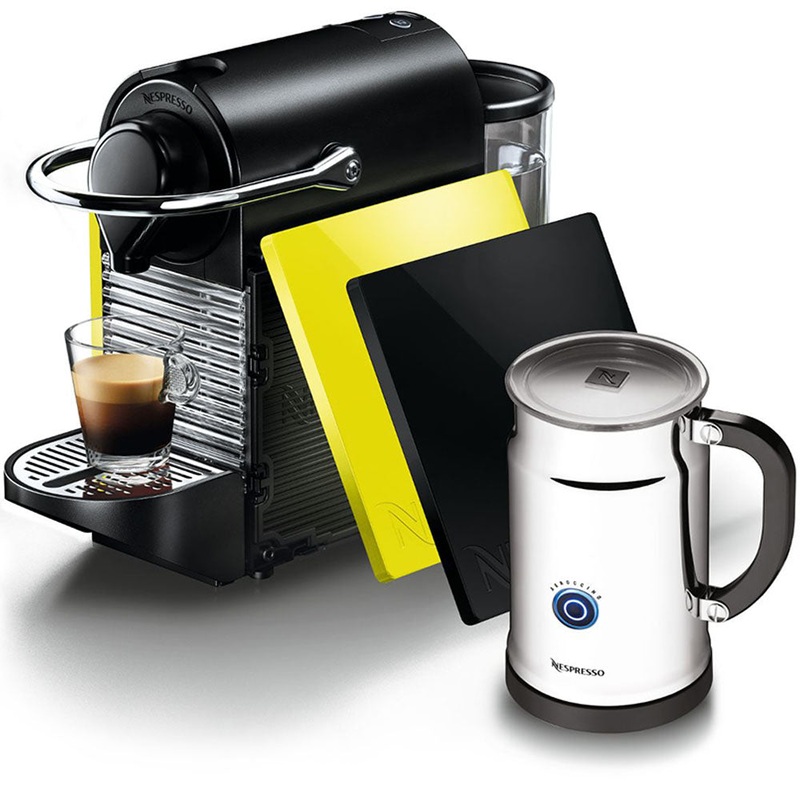 Nespresso Pixie Clips w/Black and Lemon Side Panels & Aeroccino