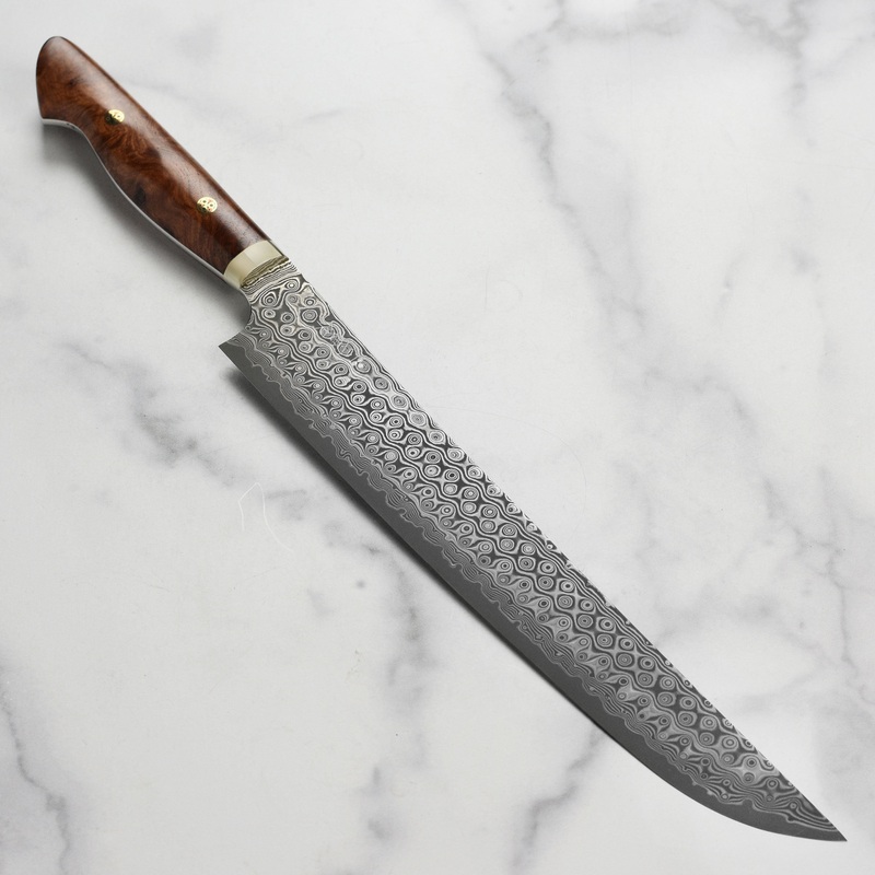 Nigara Anmon SG2 Damascus 11.8″ Sakimaru Sujihiki, Quince Wood