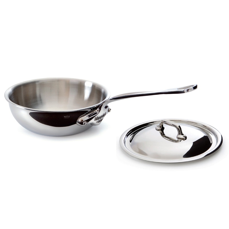 Mauviel M’Cook 2.1 qt. Stainless Steel Curved Splayed Saute Pan with Lid