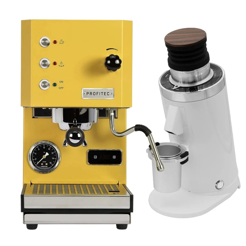 Profitec Go (Yellow) Espresso Machine & DF64 Gen 2 Grinder w/ DLC Burrs (White) Bundle