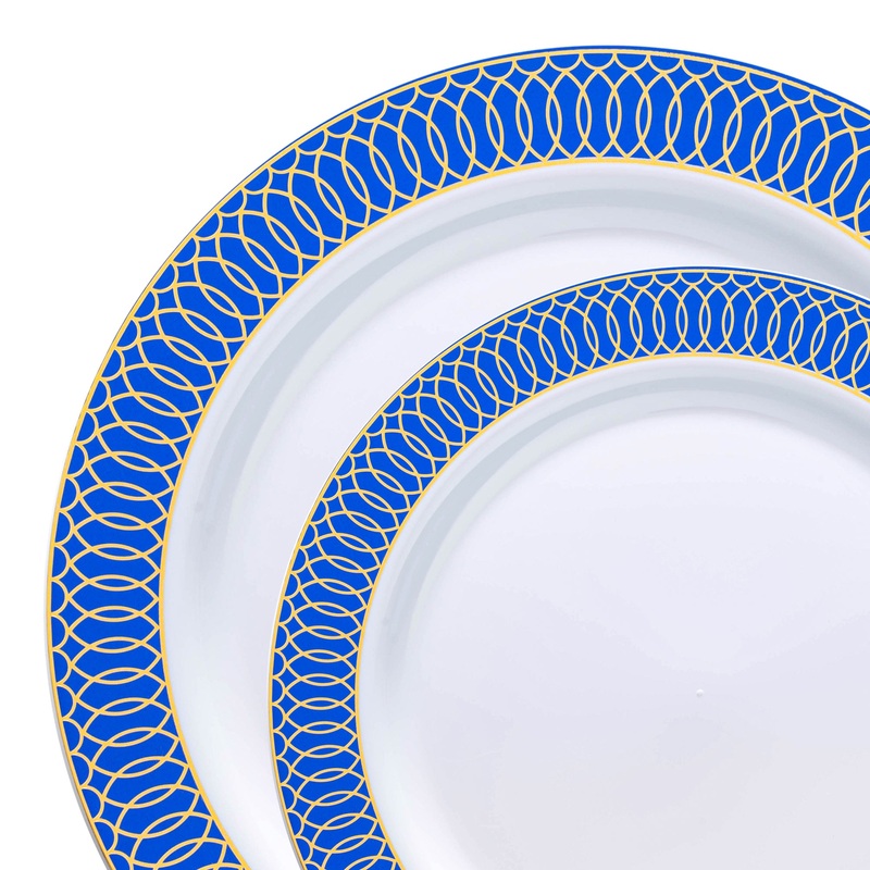 White with Gold Spiral on Blue Rim Plastic Dinnerware Value Set