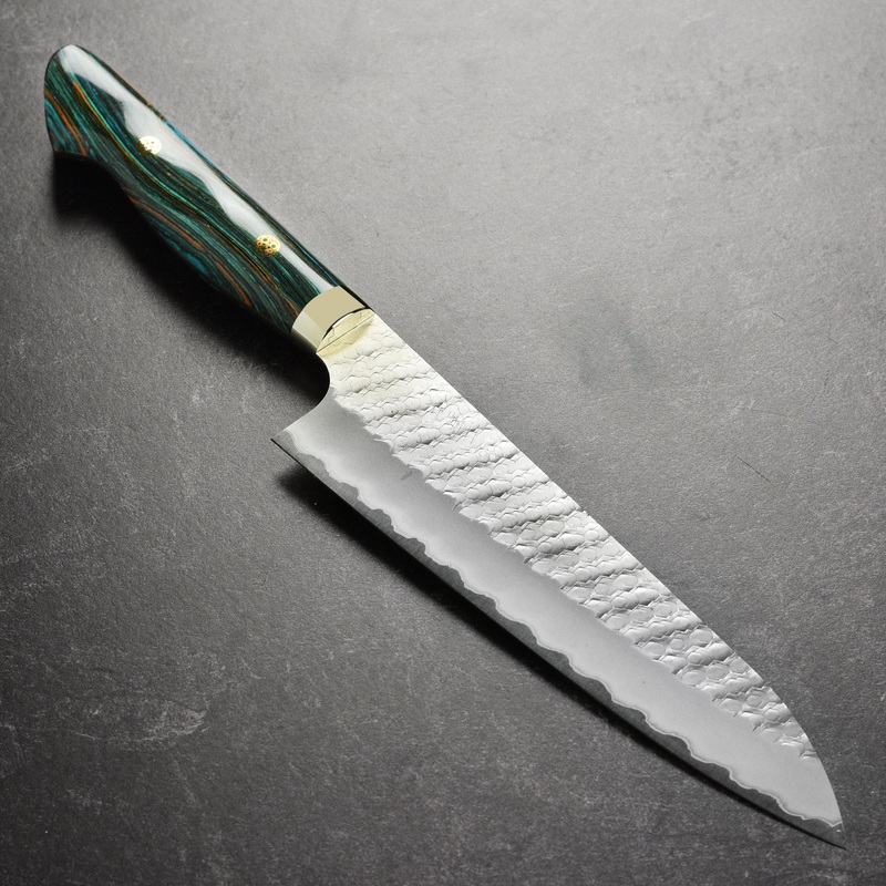 Nigara SG2 Migaki Tsuchime 8.25″ Gyuto, Striped Turquoise