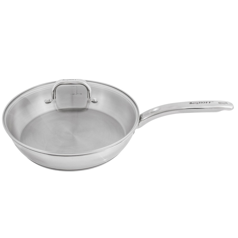 BergHOFF Belly Shape 18/10 Stainless Steel 10.5″ Skillet with Glass Lid, 2.5qt.