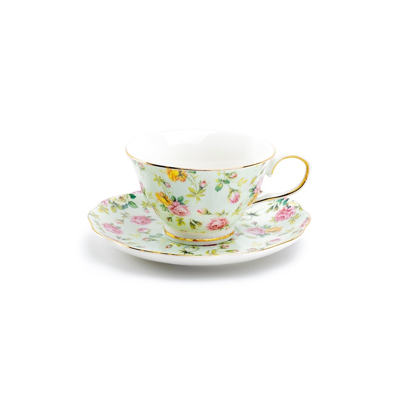Blue Cottage Rose Chintz Fine Porcelain Tea Cup and Saucer