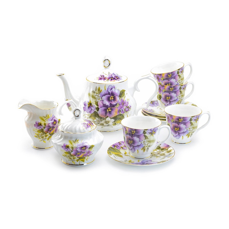 Purple Pansy Bone China 11-Piece Tea Set