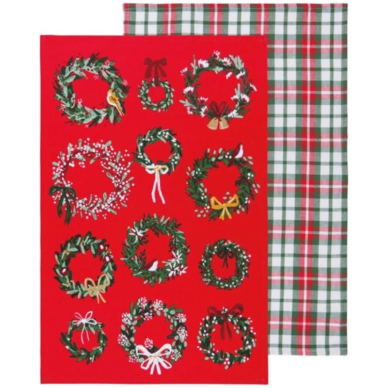 Wreath and Plaid Towels, Set of 2