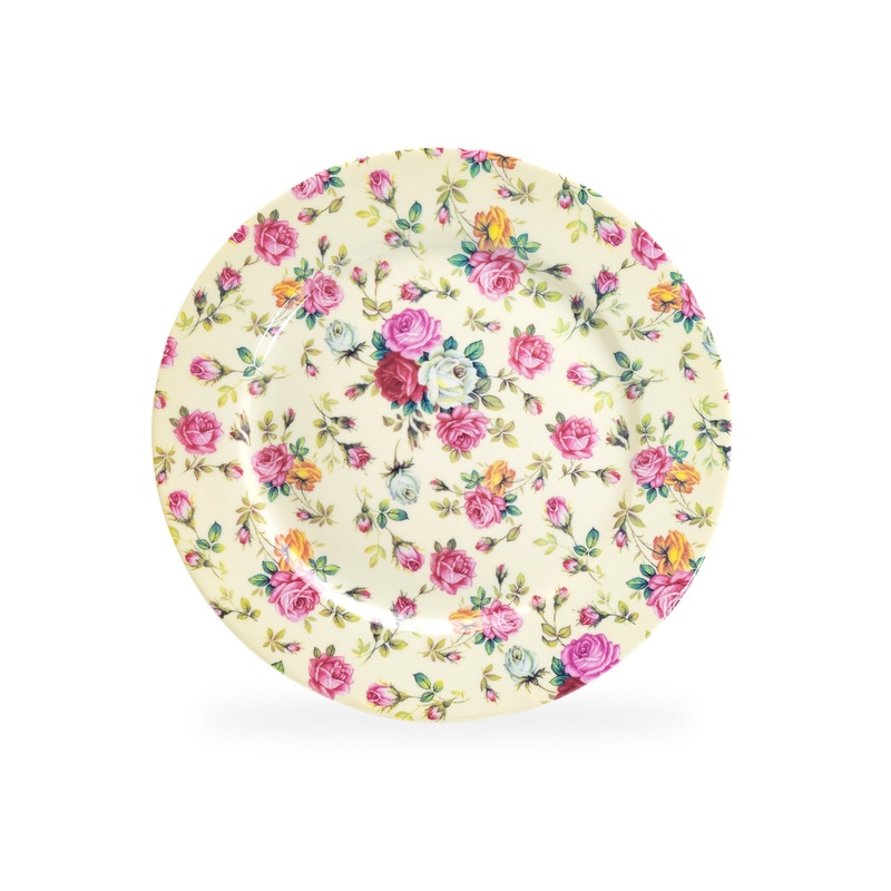 8″ Cream Cottage Rose Chintz Fine Porcelain Dessert Plate – New Edition