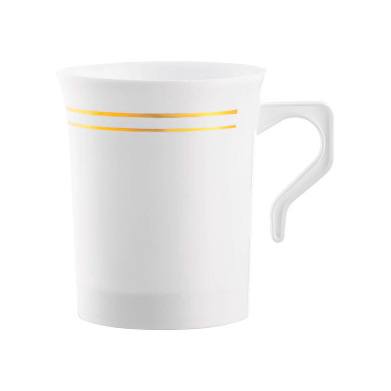 8 oz. White with Gold Edge Rim Round Plastic Coffee Mugs