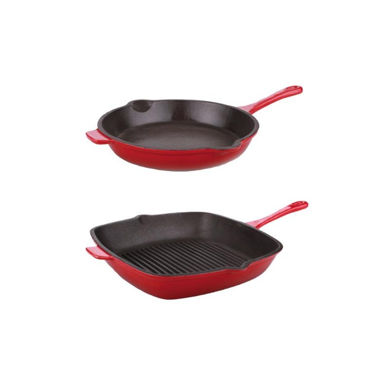 BergHOFF Neo 2pc Cast Iron 10″ Fry Pan & 11″ Grill Pan Cookware Set, Red