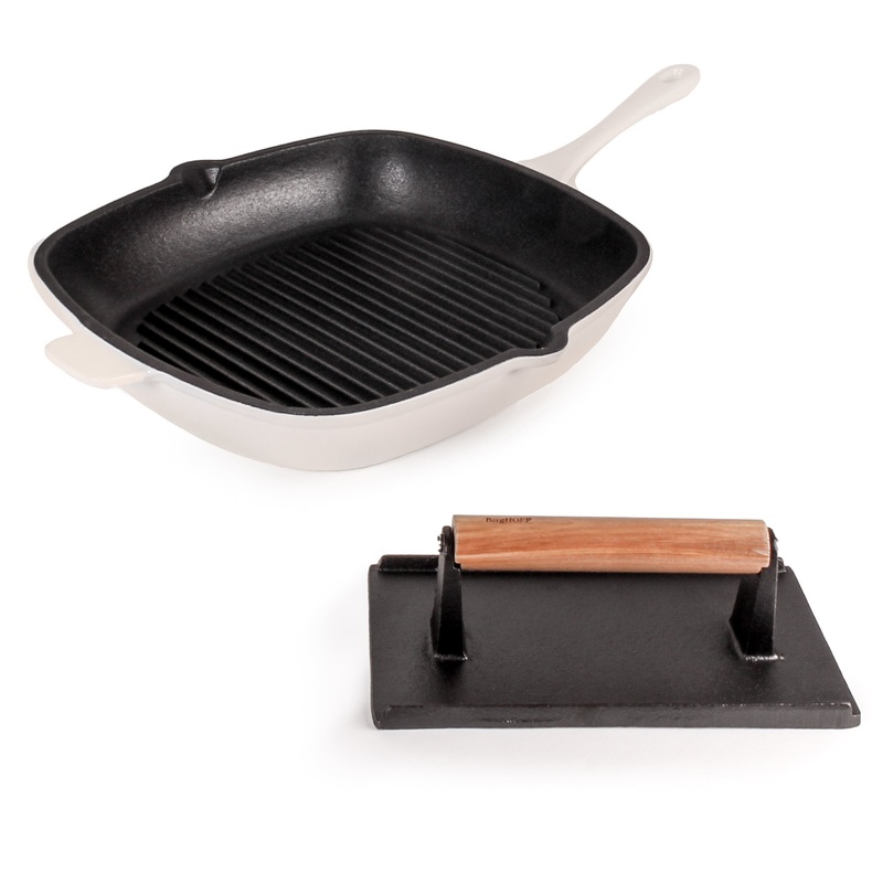BergHOFF Neo 2pc Cast Iron 11″ Grill Pan with Steak Press, Meringue