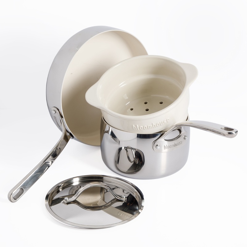 Bloomhouse 4-Piece Triply Stainless Steel Cookware Set w/ Non-Stick Non-Toxic Ceramic Interior and Ceramic Steamer Insert