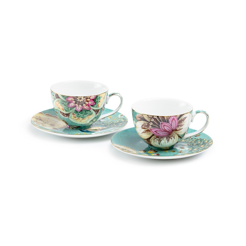 Peacock Lotus Garden Green Fine Porcelain Assorted Cup and Saucer Sets