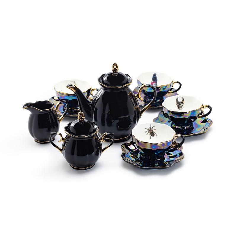Black Gold Teapot + Sugar Creamer + 4 Assorted Black Gold Luster Tea Cup and Saucer Sets – Spider, Skull, Crow, Witchy Crystal Ball