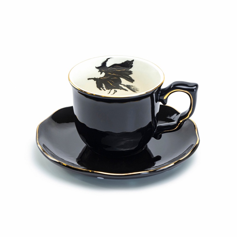Flying Witch Black Gold Tea Cup and Saucer
